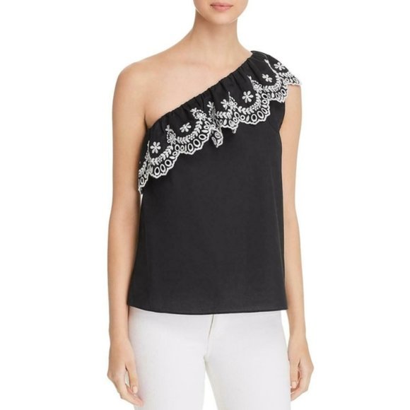 New KATE SPADE One Off Shoulder Eyelet Ruffle Blouse Top Cotton Black White Sz S - Picture 6 of 15
